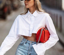 Load image into Gallery viewer, White Cropped Button Down Shirt - STYLE JUNKIE
