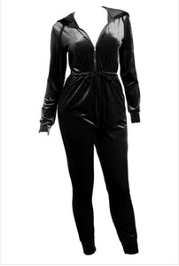 Black Velvet  Hooded Jumpsuit - STYLE JUNKIE